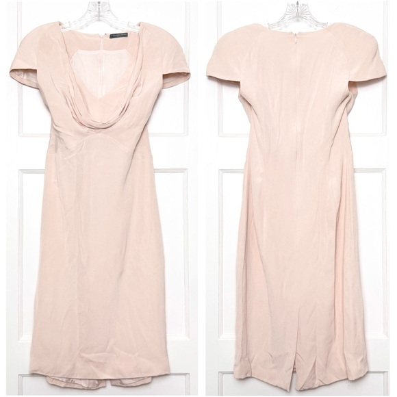 ALEXANDER MCQUEEN Blush Silk Crepe Draped Cowl Neck Short Sleeve Sheath Dress 10 - Picture 2 of 9
